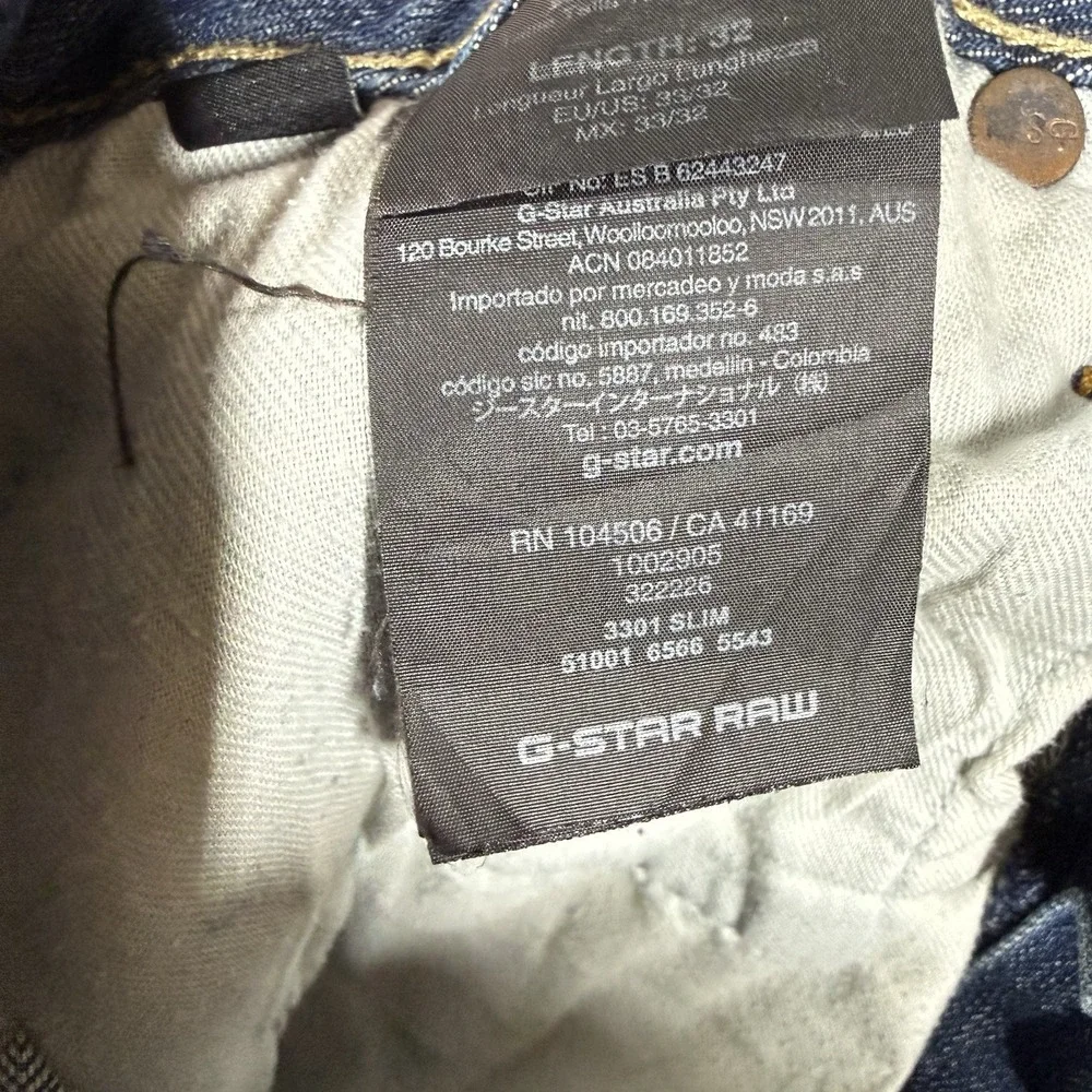 G Star RAW Jeans Men 33x32 Blue‎ 3301 Slim CRAZY WASH Stretch Denim Aged Look